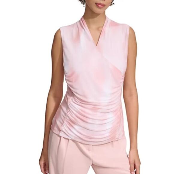 Calvin Klein Pink Chiffon Gathered Sleeveless Faux Wrap V-Neck Top Large NWT - Picture 1 of 13